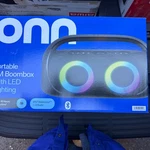 Onn Portable Fm Boombox Bluetooth With Multicolour Led Lighting, IPX7 - New. Fixed Price $88.50.