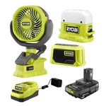 Ryobi One+ Camper's Kit. Bluetooth Speaker, Light, Clamp Fan Battery & Charger. Fixed Price $75.00.