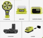 Hurricane Combo Ryobi 18V Clamp Fan Bluetooth Speaker, Light, Battery Charger. Fixed Price $115.10.